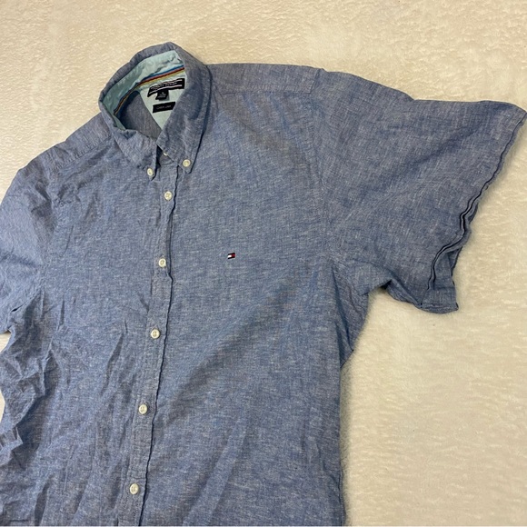 Tommy Hilfiger Shirt Men XL Chambray Short Sleeve Button Down Linen Blend - Picture 2 of 11